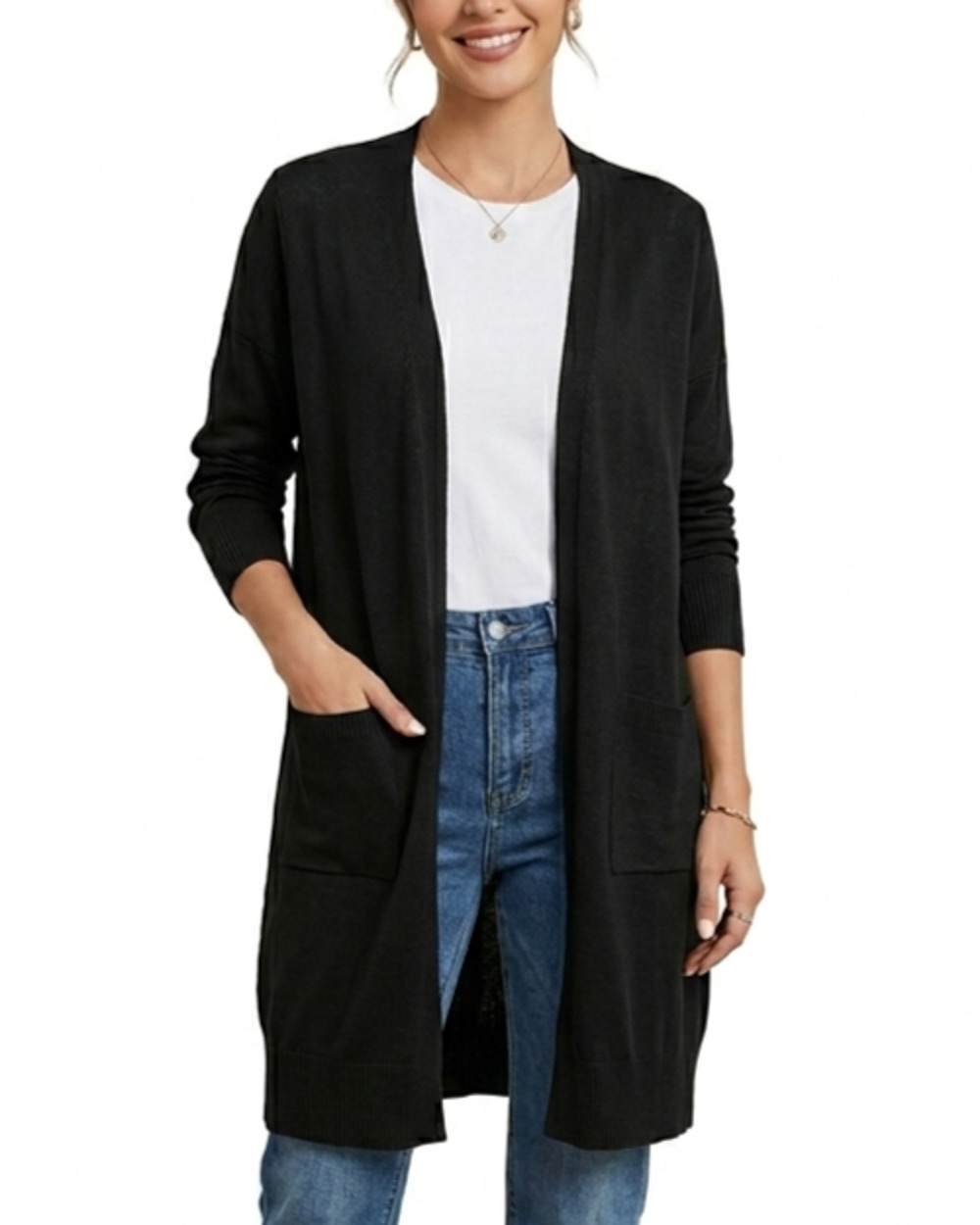 ALFYRCFT Black Knit Cardigan Sweater Womens Size S Open Front Duster Pockets NWT